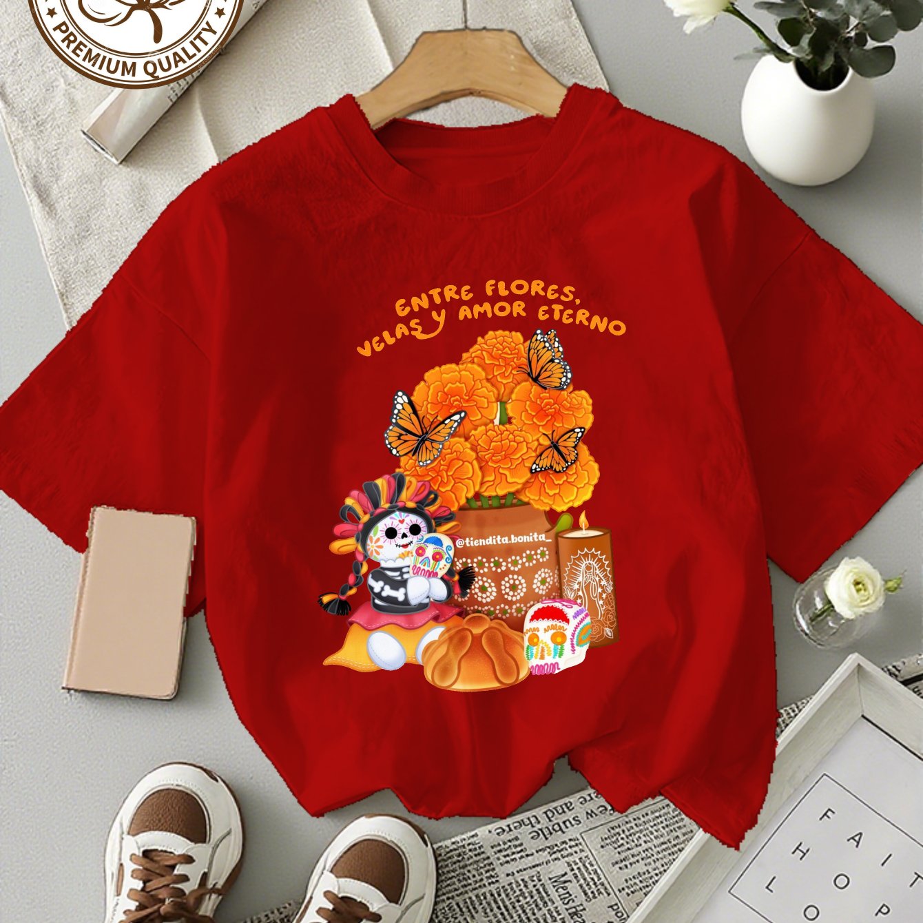 Camiseta de Mujer-Estampado Calaveras y Flores Día de Muertos