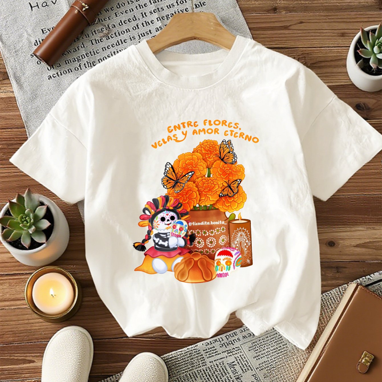 Camiseta de Mujer-Estampado Calaveras y Flores Día de Muertos