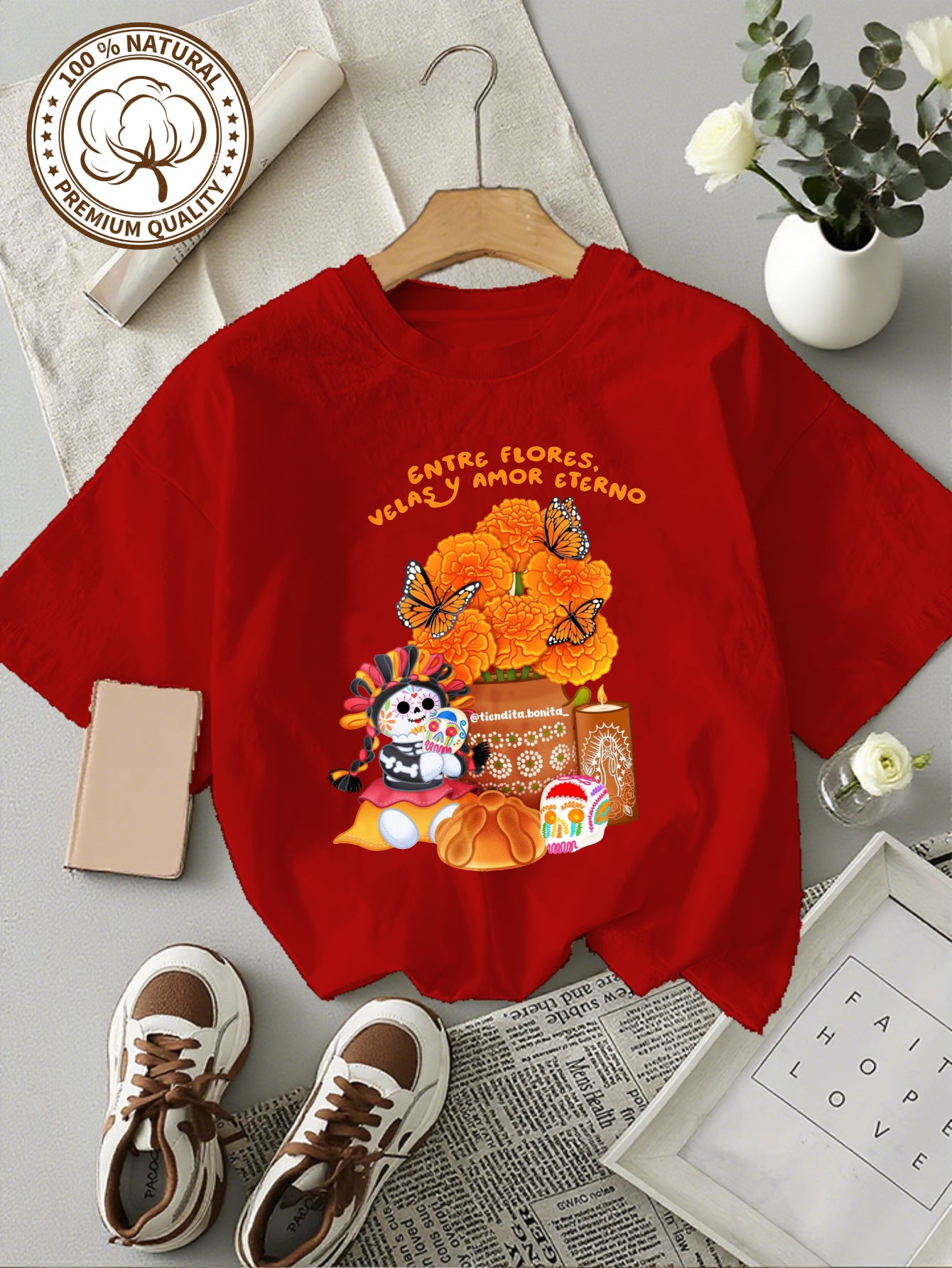 Camiseta de Mujer-Estampado Calaveras y Flores Día de Muertos