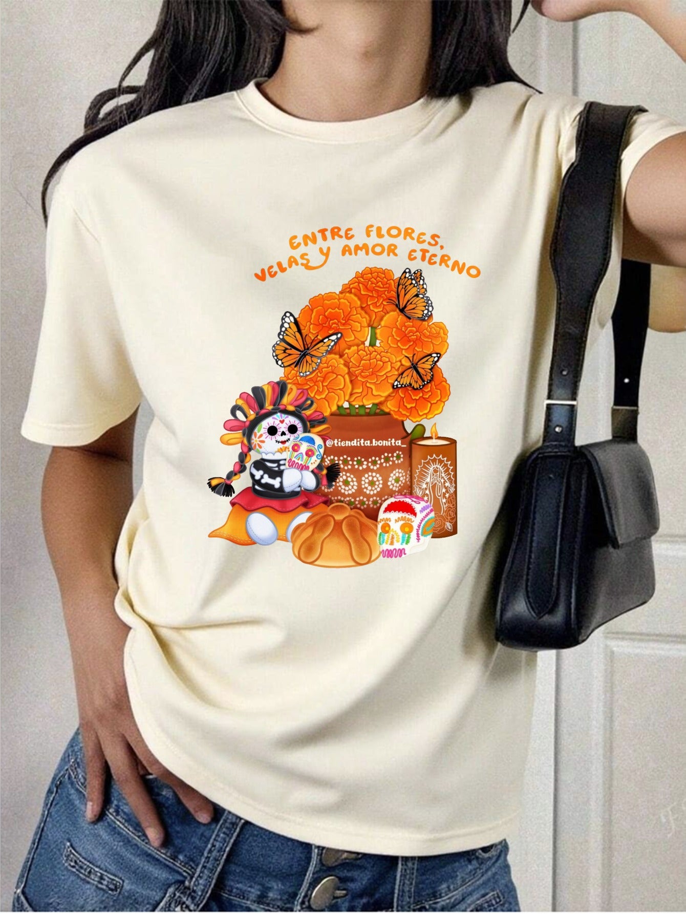 Camiseta de Mujer-Estampado Calaveras y Flores Día de Muertos