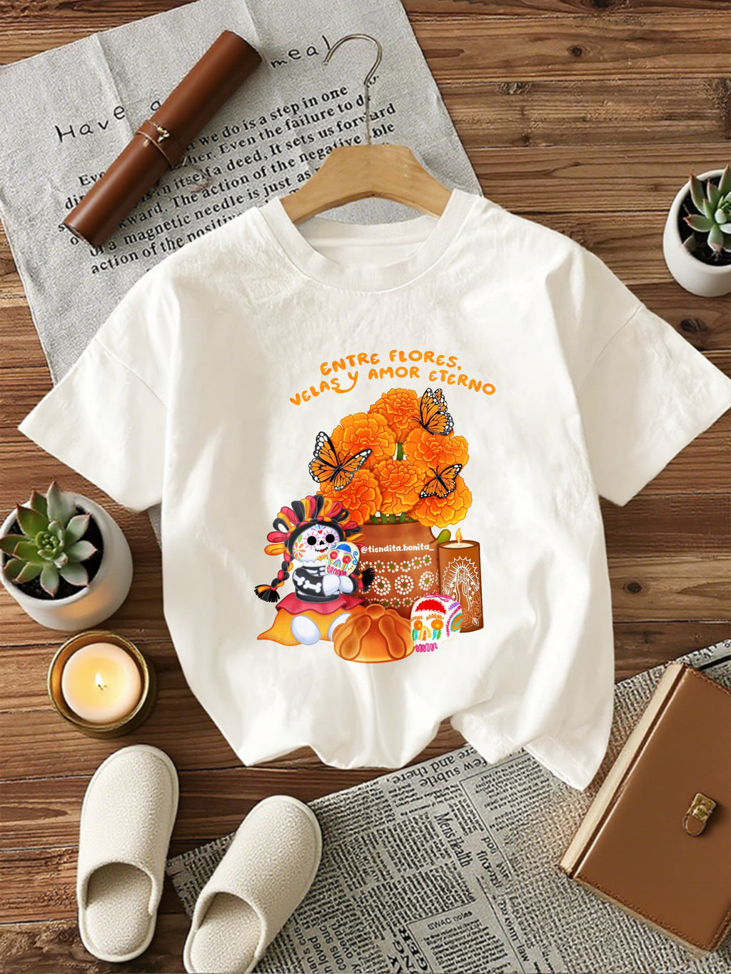 Camiseta de Mujer-Estampado Calaveras y Flores Día de Muertos