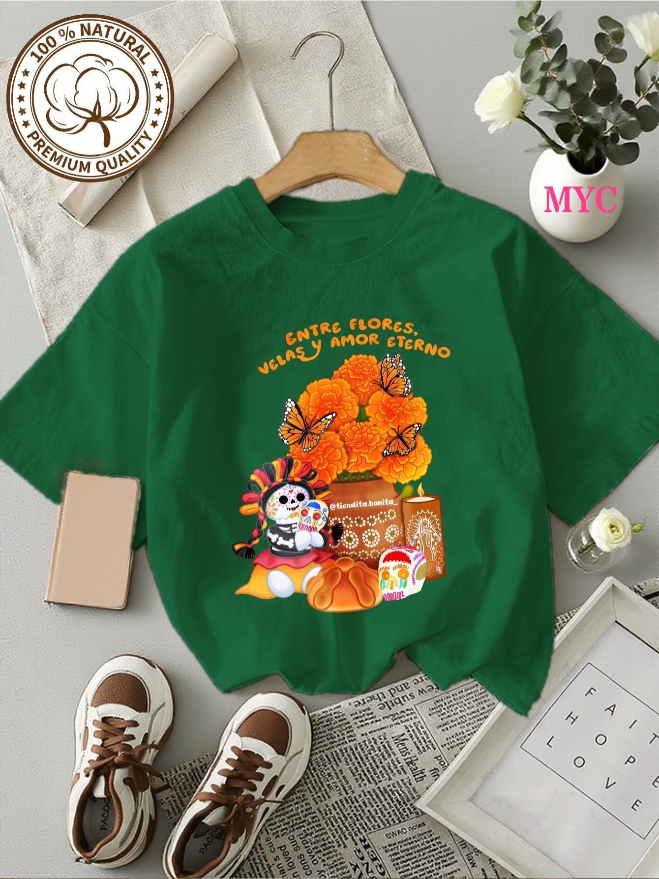Camiseta de Mujer-Estampado Calaveras y Flores Día de Muertos