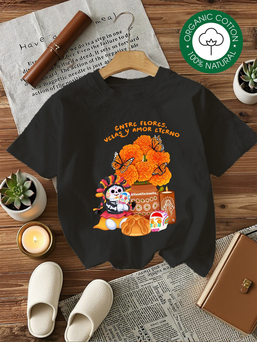 Camiseta de Mujer-Estampado Calaveras y Flores Día de Muertos