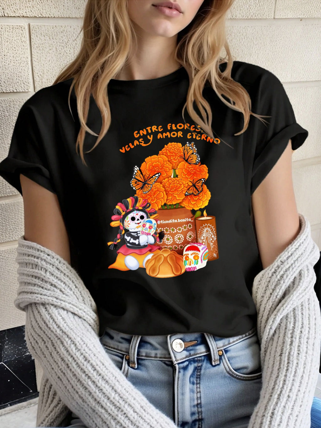 Camiseta de Mujer-Estampado Calaveras y Flores Día de Muertos