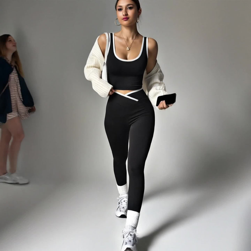 Conjunto Deportivo de Mujer 2 Piezas - Top con Tirantes Cruzados y Pantalón Largo