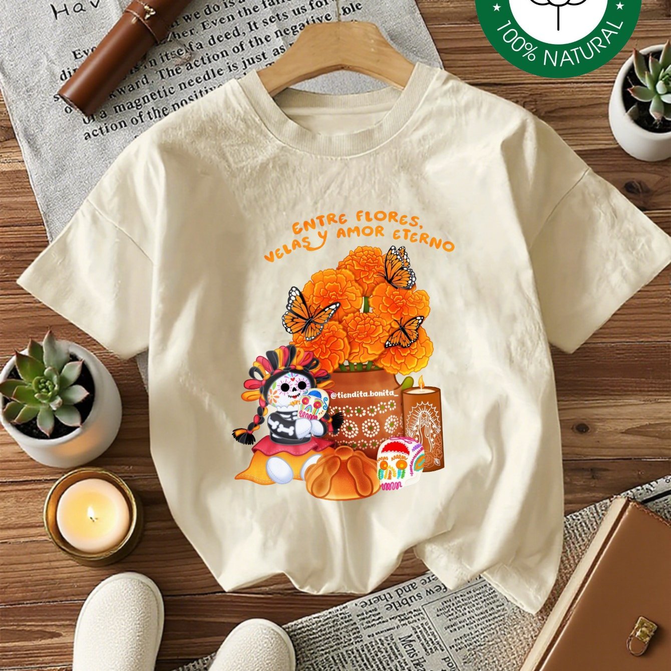 Camiseta de Mujer-Estampado Calaveras y Flores Día de Muertos