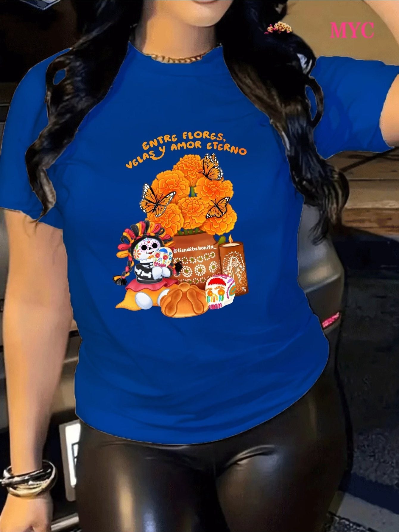 Camiseta de Mujer-Estampado Calaveras y Flores Día de Muertos