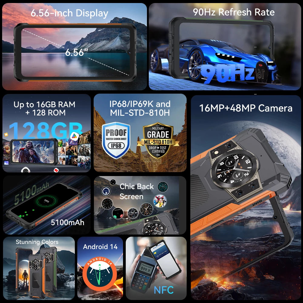 Cubot KingKong ACE 2 Smartphone Resistente Ultra Delgado Android 14 16GB RAM (6GB+10GB) + 128GB ROM Pantalla 6.56" 90Hz NFC