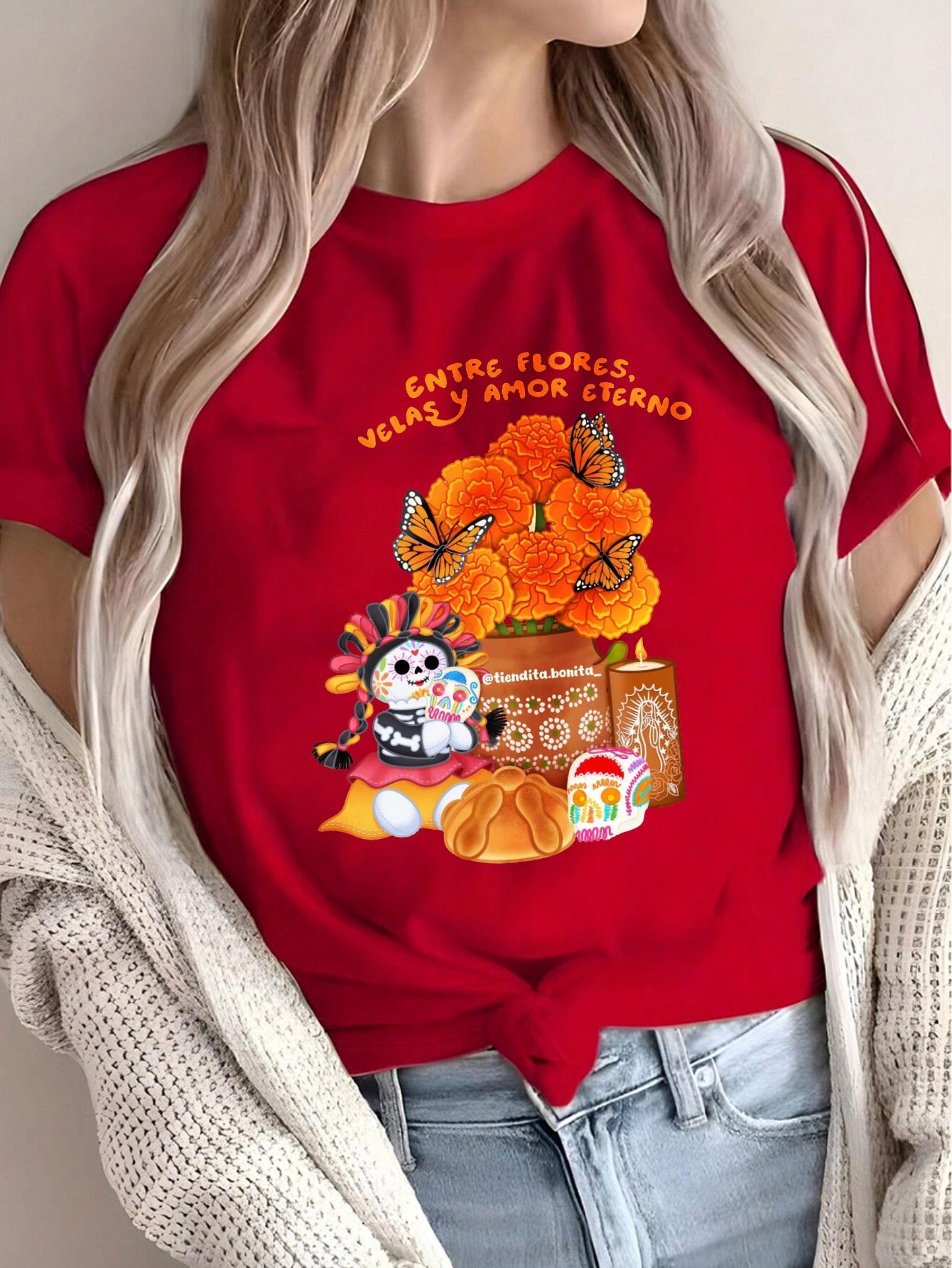 Camiseta de Mujer-Estampado Calaveras y Flores Día de Muertos