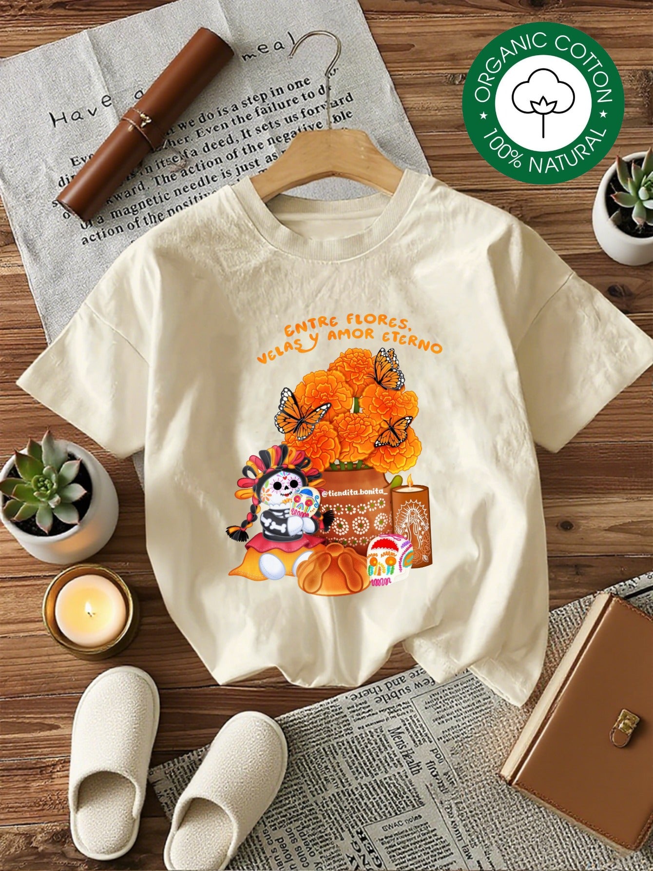 Camiseta de Mujer-Estampado Calaveras y Flores Día de Muertos