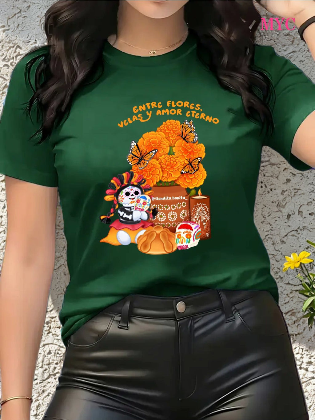 Camiseta de Mujer-Estampado Calaveras y Flores Día de Muertos