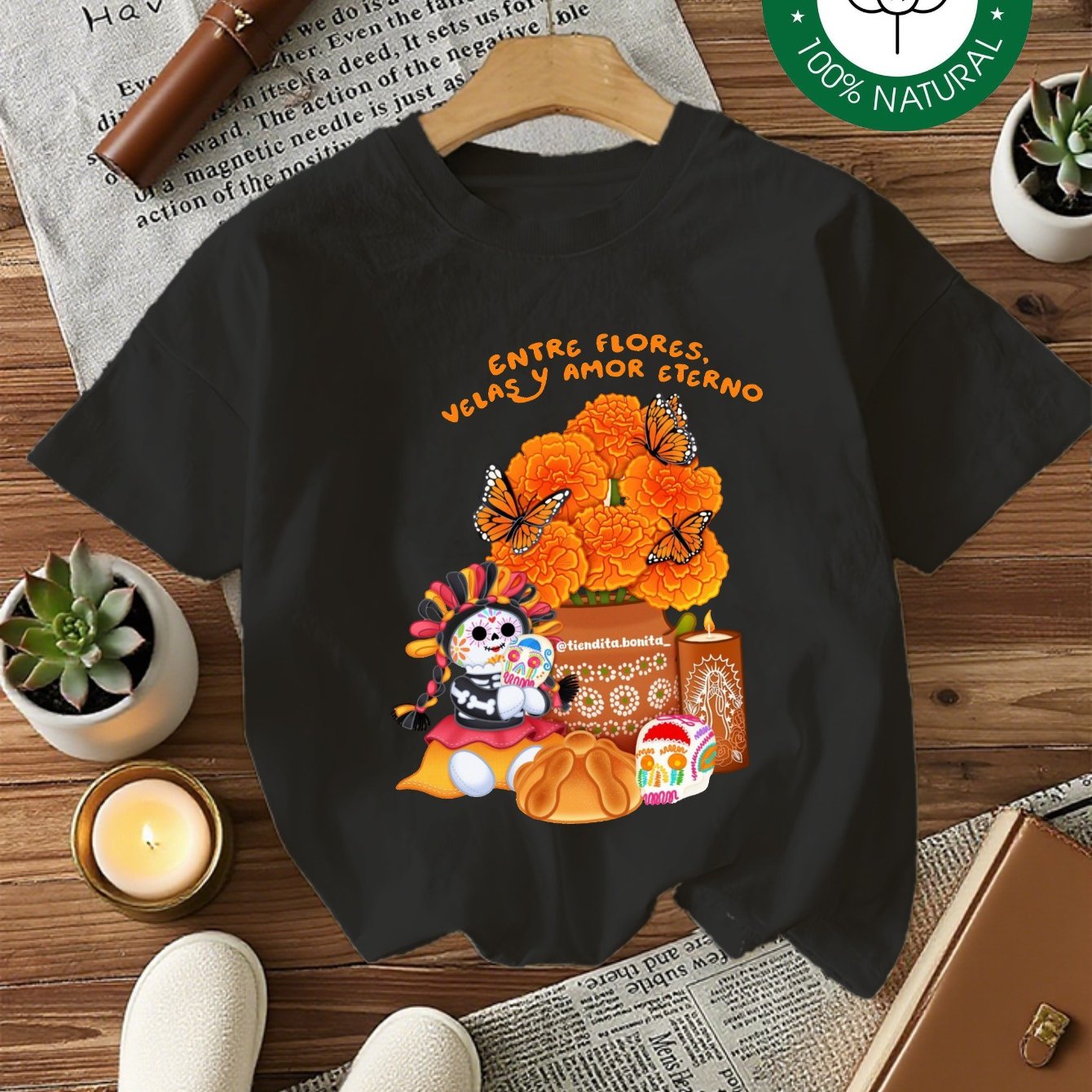 Camiseta de Mujer-Estampado Calaveras y Flores Día de Muertos
